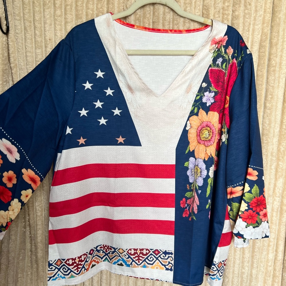 Patriotic Floral V-Neck Women's Top - Navy, Red, White